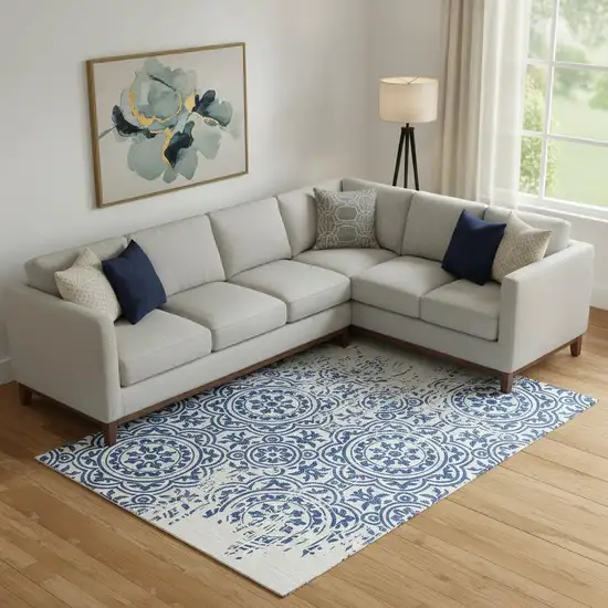 Navy Blue And Ivory Medallion Washable Area Rug With UV Protection Photo 1