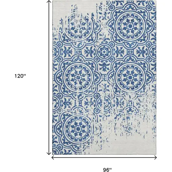 Navy Blue And Ivory Medallion Washable Area Rug With UV Protection Photo 3