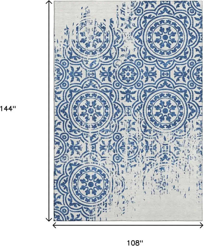 Navy Blue And Ivory Medallion Washable Area Rug With UV Protection Photo 3