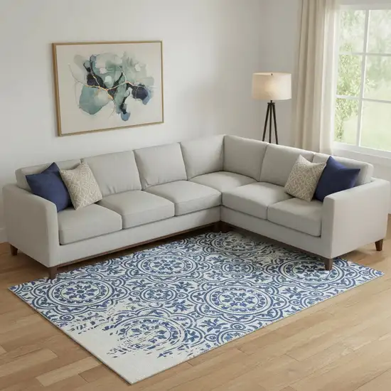 Navy Blue And Ivory Medallion Washable Area Rug With UV Protection Photo 1