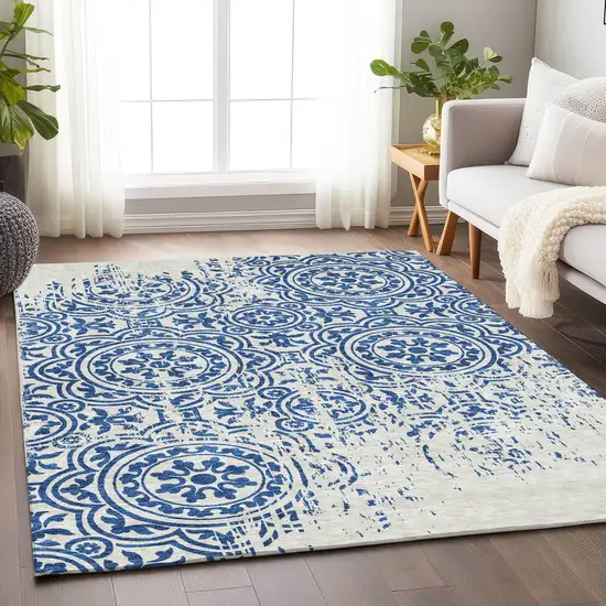 Navy Blue And Ivory Medallion Washable Area Rug With UV Protection Photo 4