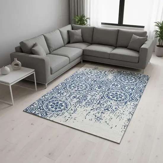 Navy Blue And Ivory Medallion Washable Area Rug With UV Protection Photo 2