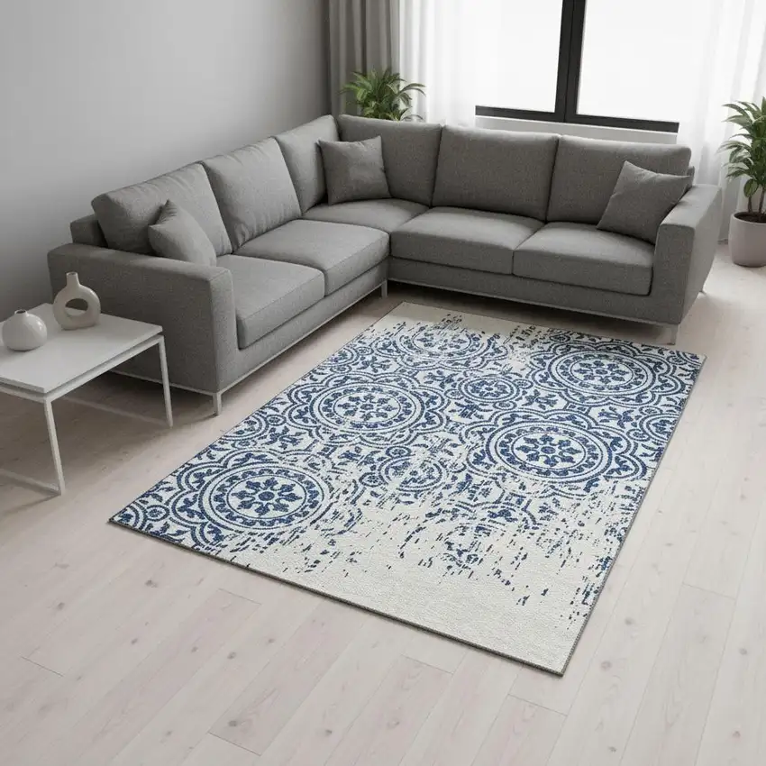 Navy Blue And Ivory Medallion Washable Area Rug With UV Protection Photo 2