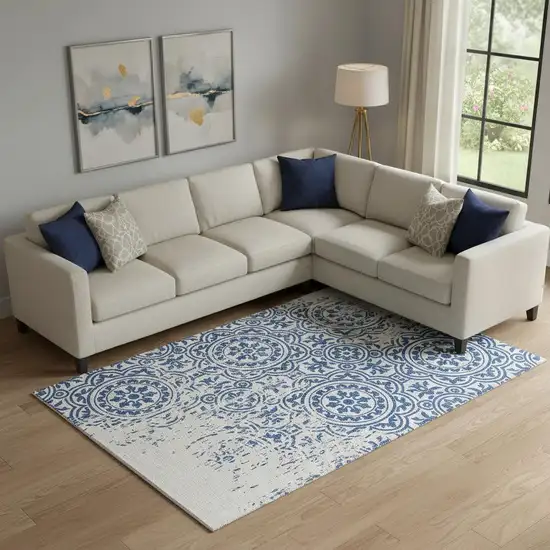 Navy Blue And Ivory Medallion Washable Area Rug With UV Protection Photo 1