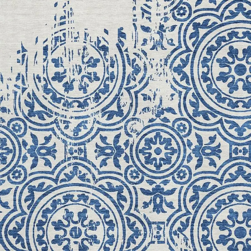 Navy Blue And Ivory Medallion Washable Area Rug With UV Protection Photo 3