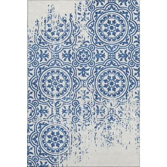 Navy Blue And Ivory Medallion Washable Area Rug With UV Protection Photo 1