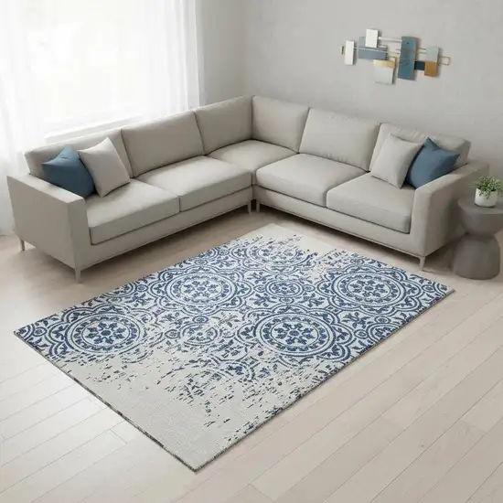 Navy Blue And Ivory Medallion Washable Area Rug With UV Protection Photo 2