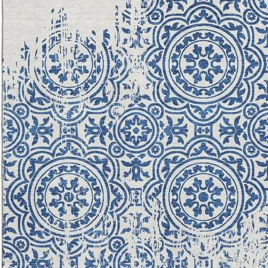 Navy Blue And Ivory Medallion Washable Area Rug With UV Protection Photo 4