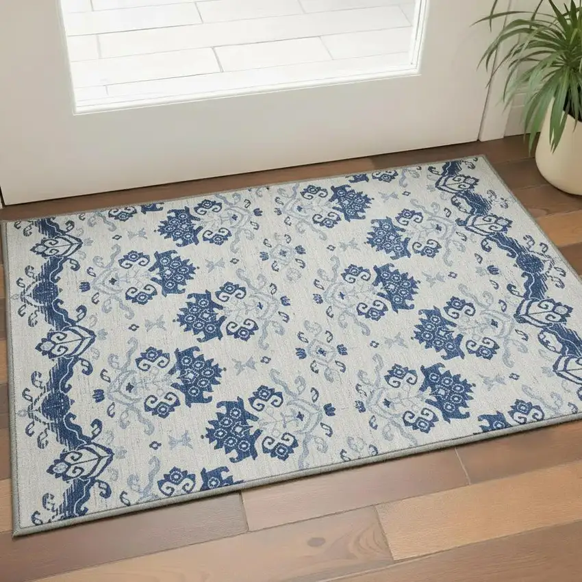 Navy Blue And Ivory Medallion Washable Area Rug With UV Protection Photo 2