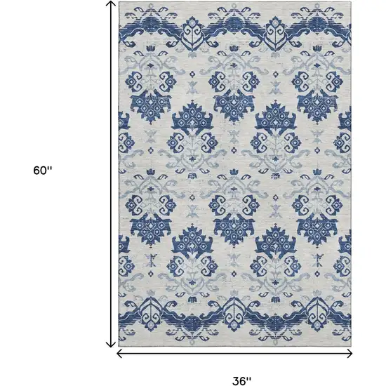 Navy Blue And Ivory Medallion Washable Area Rug With UV Protection Photo 3