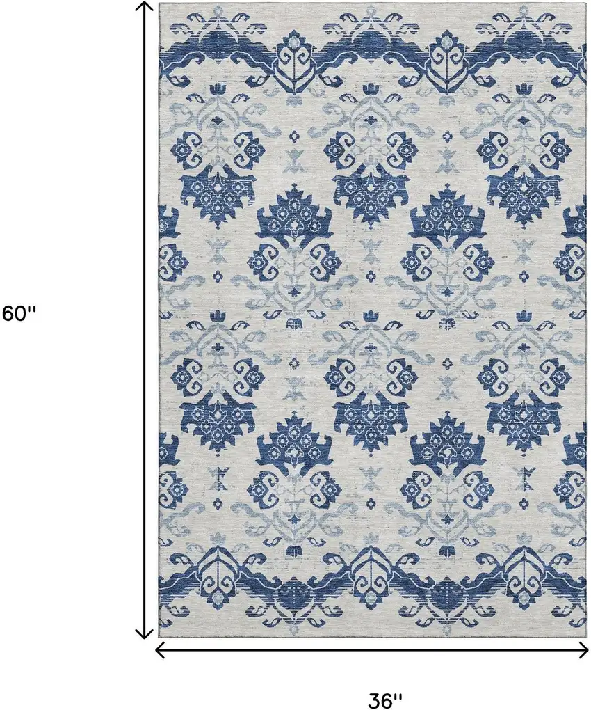 Navy Blue And Ivory Medallion Washable Area Rug With UV Protection Photo 3