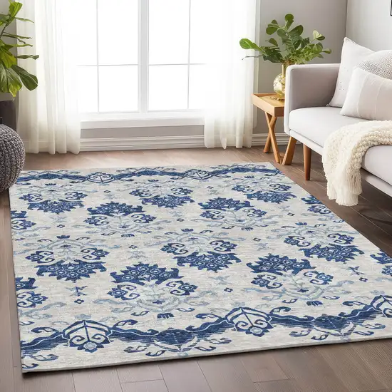 Navy Blue And Ivory Medallion Washable Area Rug With UV Protection Photo 5