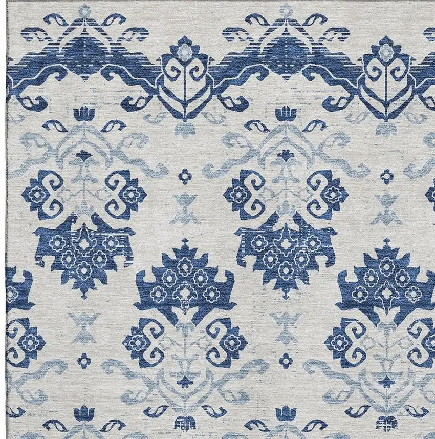 Navy Blue And Ivory Medallion Washable Area Rug With UV Protection Photo 3