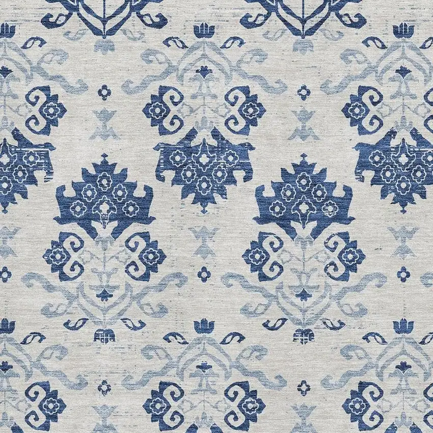 Navy Blue And Ivory Medallion Washable Area Rug With UV Protection Photo 3