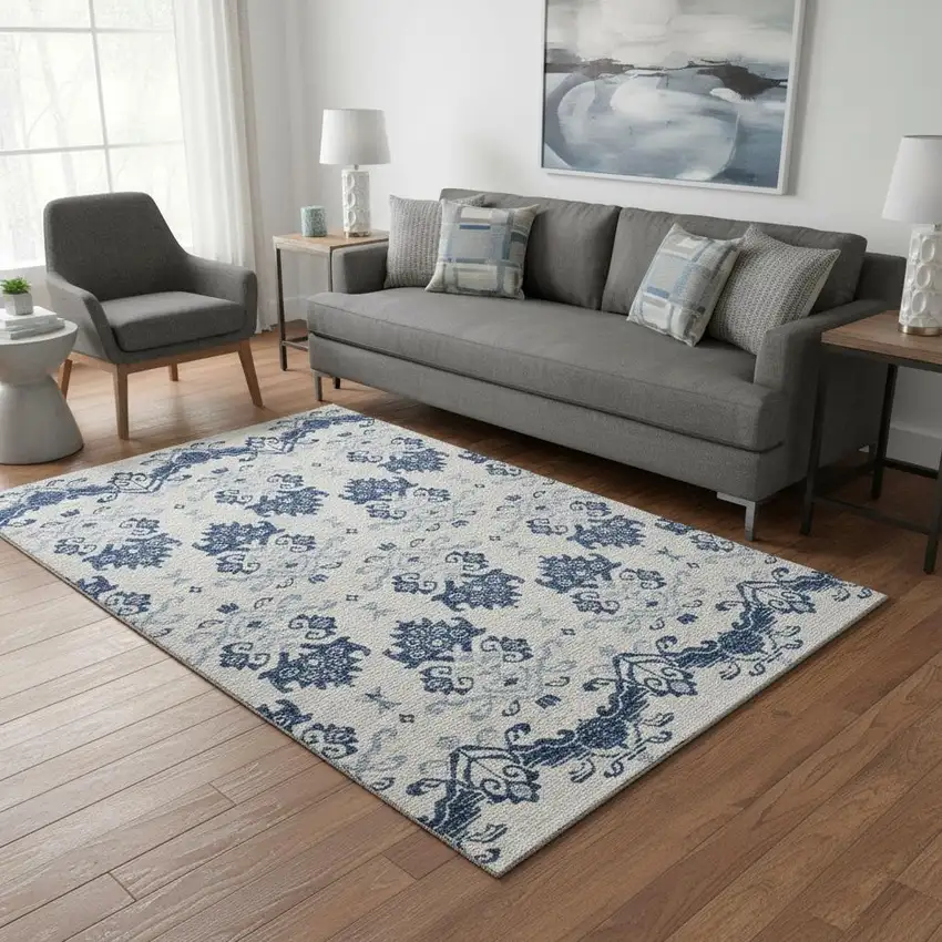 Navy Blue And Ivory Medallion Washable Area Rug With UV Protection Photo 2