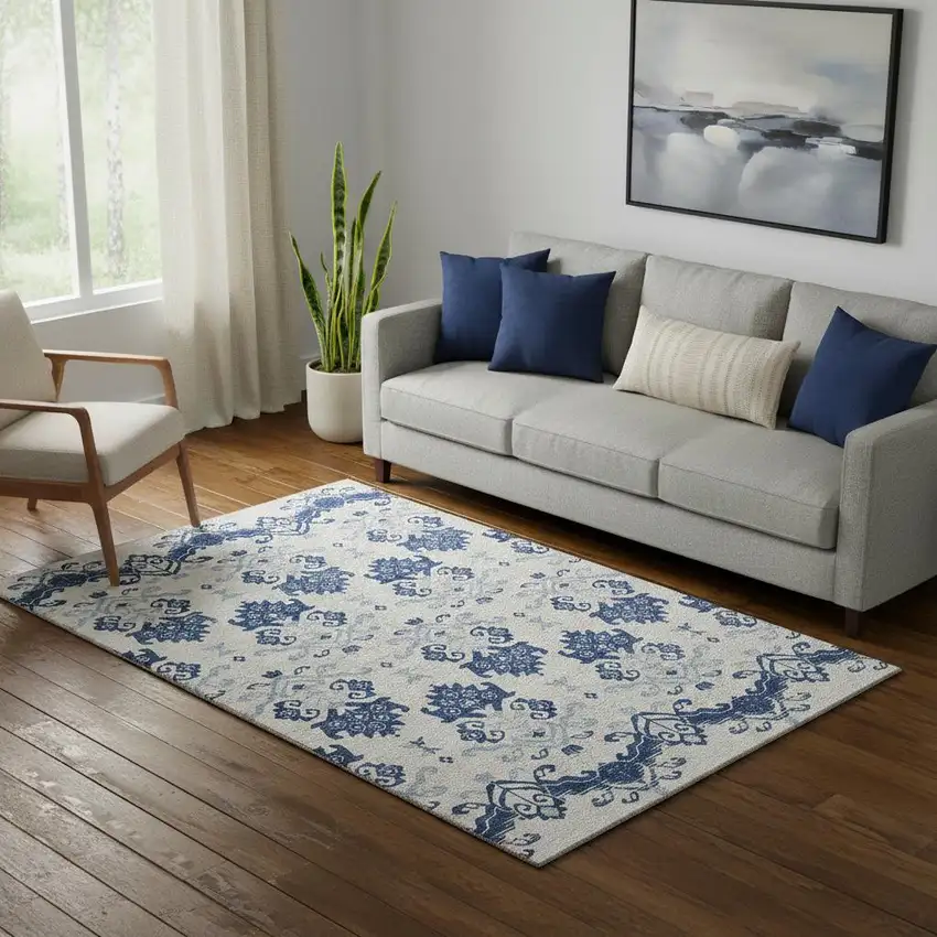 Navy Blue And Ivory Medallion Washable Area Rug With UV Protection Photo 1