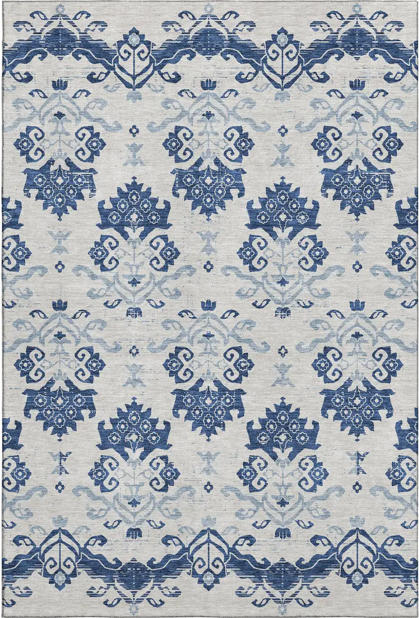 Navy Blue And Ivory Medallion Washable Area Rug With UV Protection Photo 1