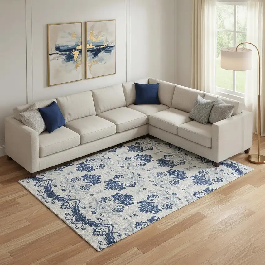 Navy Blue And Ivory Medallion Washable Area Rug With UV Protection Photo 1