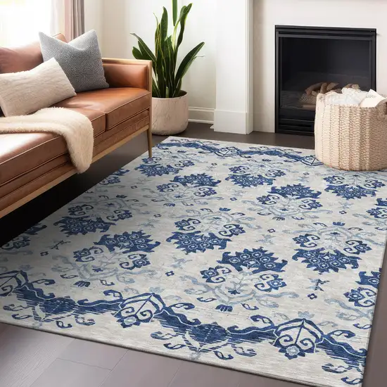 Navy Blue And Ivory Medallion Washable Area Rug With UV Protection Photo 6