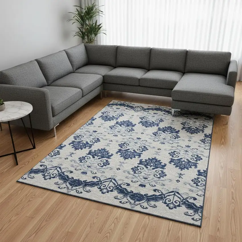 Navy Blue And Ivory Medallion Washable Area Rug With UV Protection Photo 2