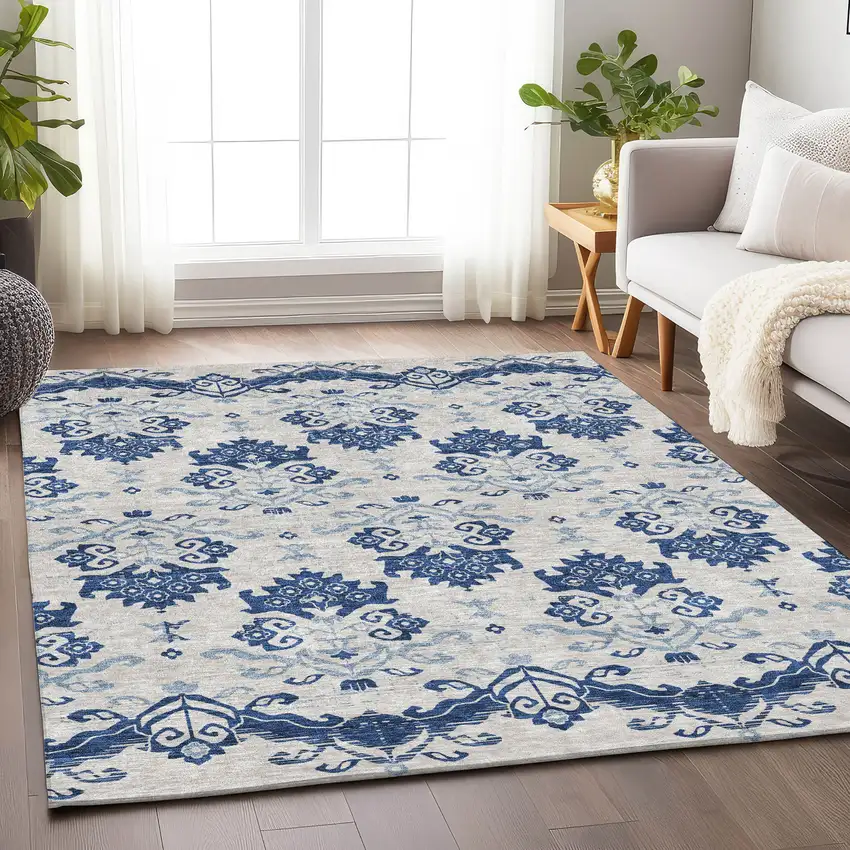 Navy Blue And Ivory Medallion Washable Area Rug With UV Protection Photo 5
