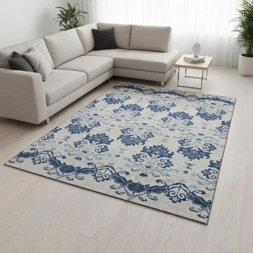 Navy Blue And Ivory Medallion Washable Area Rug With UV Protection Photo 2
