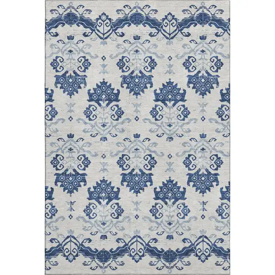 Navy Blue And Ivory Medallion Washable Area Rug With UV Protection Photo 1