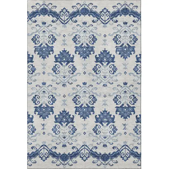 Navy Blue And Ivory Medallion Washable Area Rug With UV Protection Photo 4