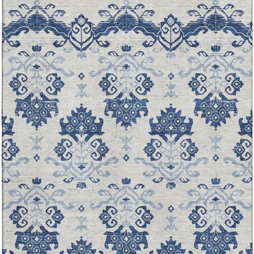 Navy Blue And Ivory Medallion Washable Area Rug With UV Protection Photo 4