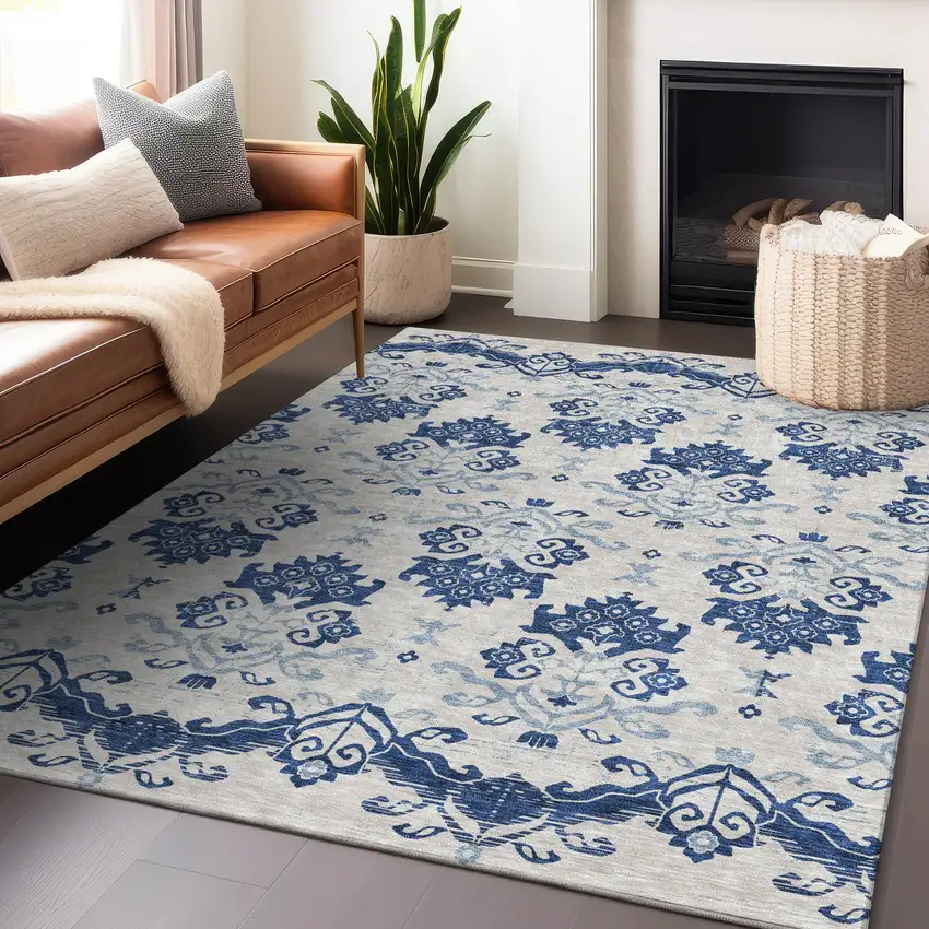 Navy Blue And Ivory Medallion Washable Area Rug With UV Protection Photo 6