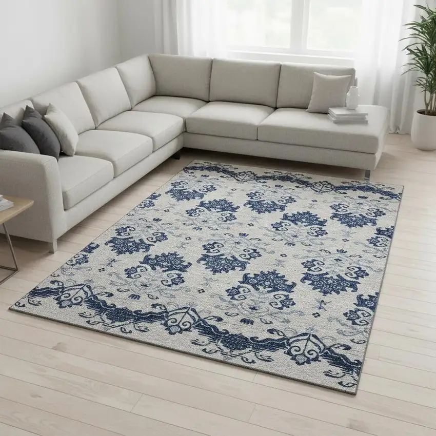 Navy Blue And Ivory Medallion Washable Area Rug With UV Protection Photo 2