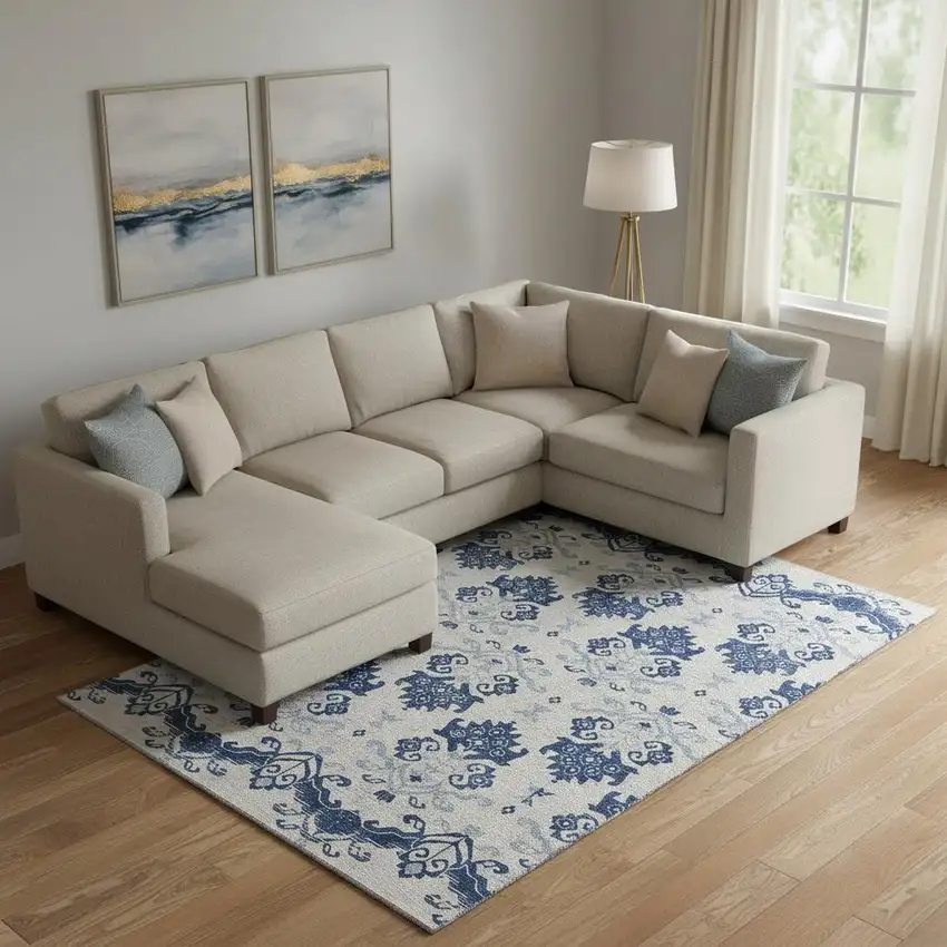 Navy Blue And Ivory Medallion Washable Area Rug With UV Protection Photo 1