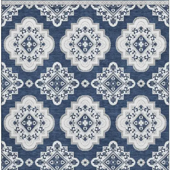 Navy Blue And Ivory Medallion Washable Area Rug With UV Protection Photo 5