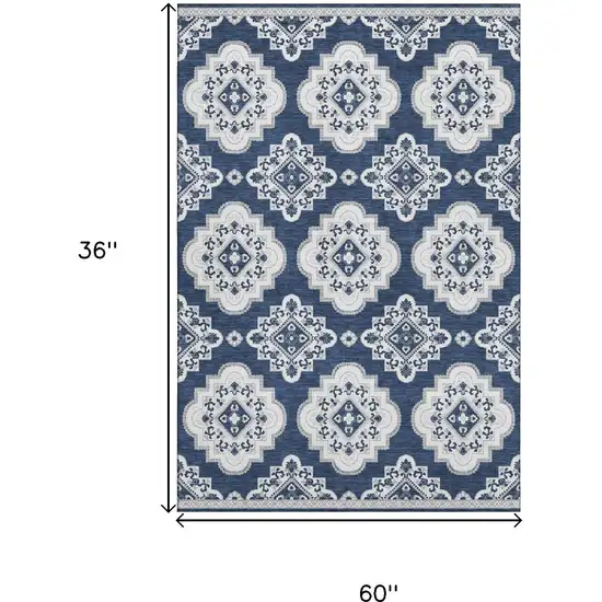 Navy Blue And Ivory Medallion Washable Area Rug With UV Protection Photo 3