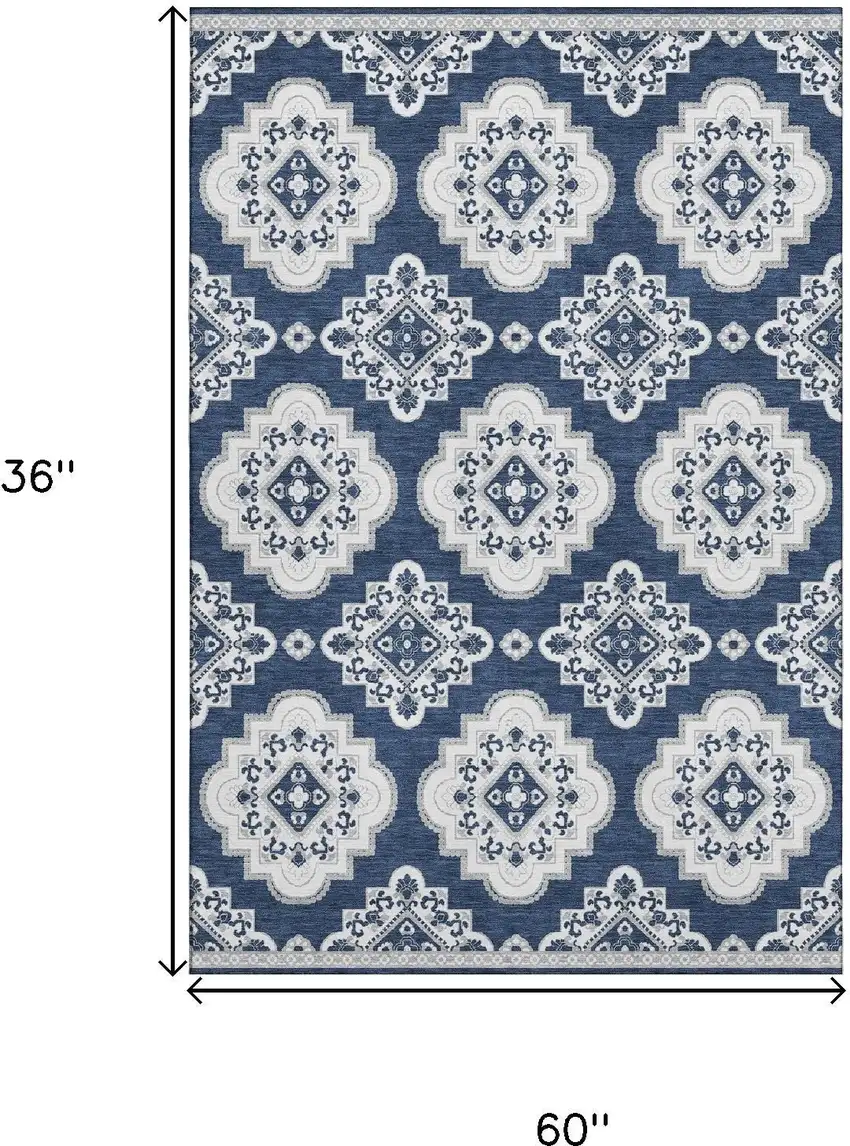 Navy Blue And Ivory Medallion Washable Area Rug With UV Protection Photo 3