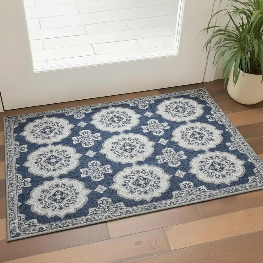 Navy Blue And Ivory Medallion Washable Area Rug With UV Protection Photo 2