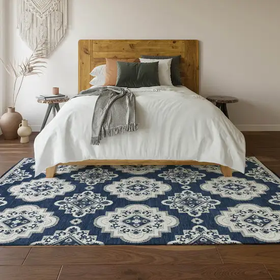 Navy Blue And Ivory Medallion Washable Area Rug With UV Protection Photo 5