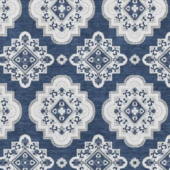 Navy Blue And Ivory Medallion Washable Area Rug With UV Protection Photo 4