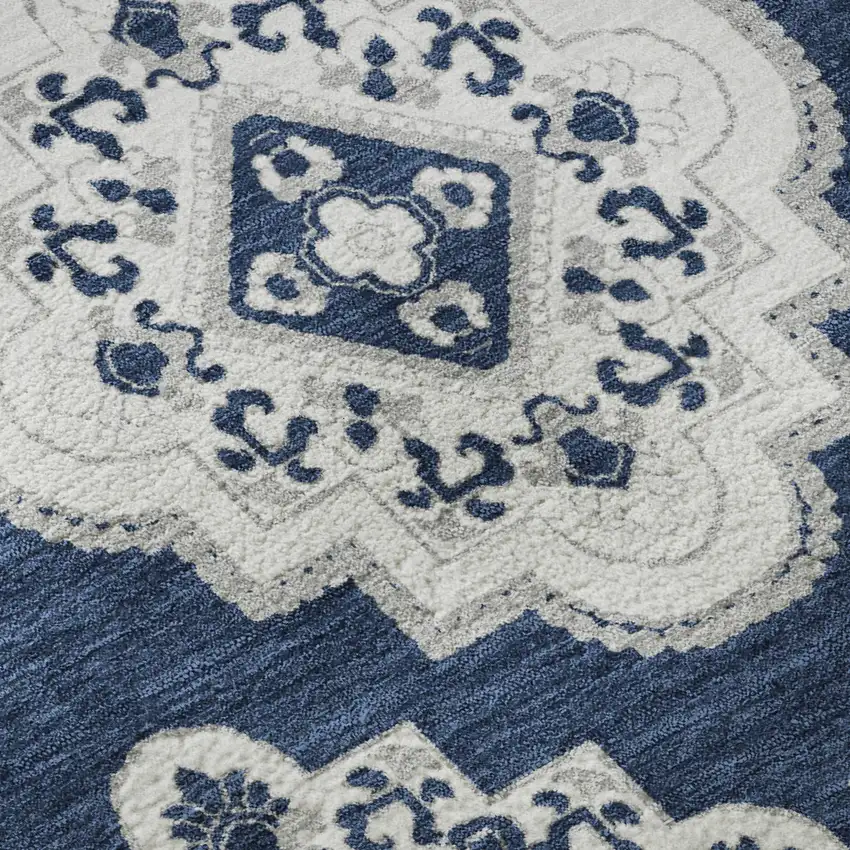 Navy Blue And Ivory Medallion Washable Area Rug With UV Protection Photo 9
