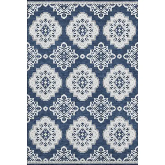 Navy Blue And Ivory Medallion Washable Area Rug With UV Protection Photo 6