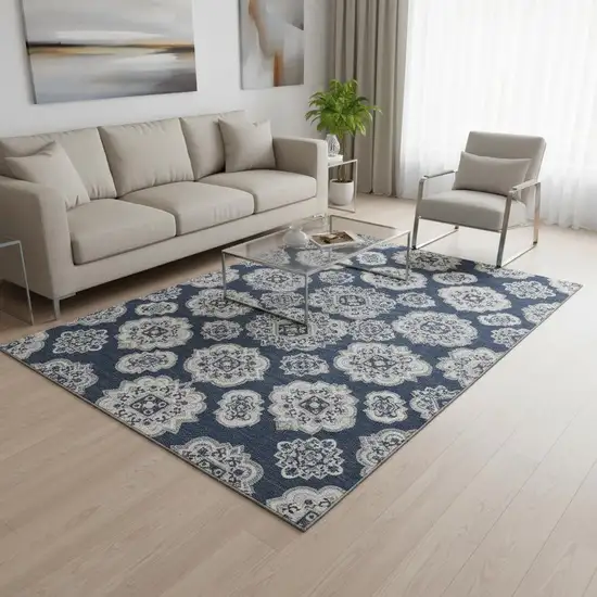 Navy Blue And Ivory Medallion Washable Area Rug With UV Protection Photo 2
