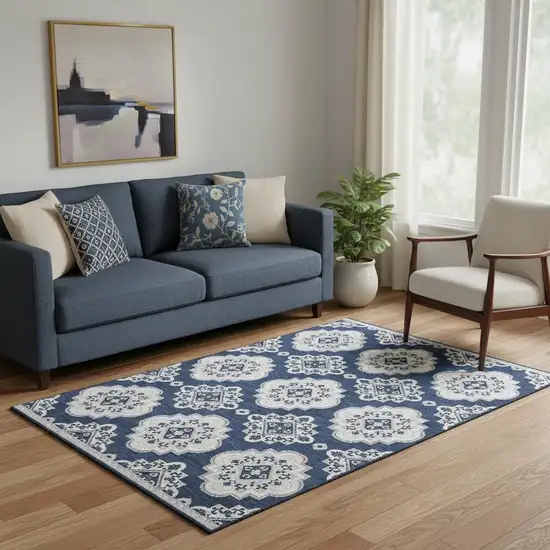 Navy Blue And Ivory Medallion Washable Area Rug With UV Protection Photo 1