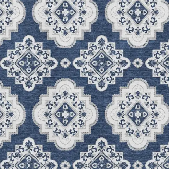 Navy Blue And Ivory Medallion Washable Area Rug With UV Protection Photo 3