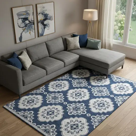 Navy Blue And Ivory Medallion Washable Area Rug With UV Protection Photo 1