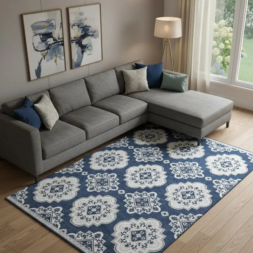 Navy Blue And Ivory Medallion Washable Area Rug With UV Protection Photo 1