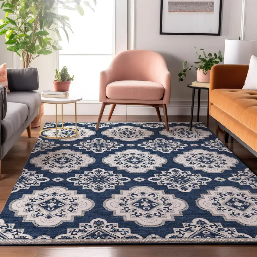 Navy Blue And Ivory Medallion Washable Area Rug With UV Protection Photo 5
