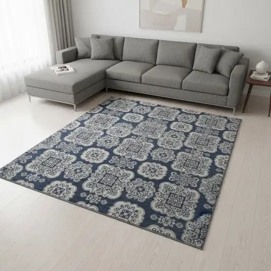 Navy Blue And Ivory Medallion Washable Area Rug With UV Protection Photo 2
