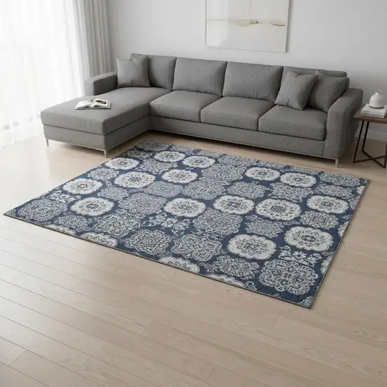 Navy Blue And Ivory Medallion Washable Area Rug With UV Protection Photo 2