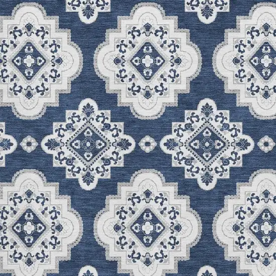 Navy Blue And Ivory Medallion Washable Area Rug With UV Protection Photo 3