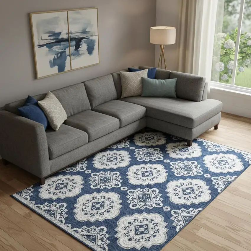 Navy Blue And Ivory Medallion Washable Area Rug With UV Protection Photo 1